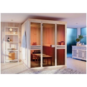 Finntherm Sauna Karina 1825, naturbelassen, 175x244cm. Massivholzsauna mit Glastür und Inneneinrichtung.
