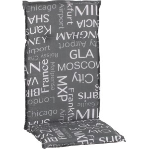 Graue Saumauflage Bellona für Hochlehner Gartenstühle mit Städtenamen Muster.