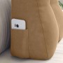 Braunes Samt-Rückenkissen mit Smartphone in Seitentasche. Ergonomisches Design für Rückenstütze, Komfort und Entspannung.