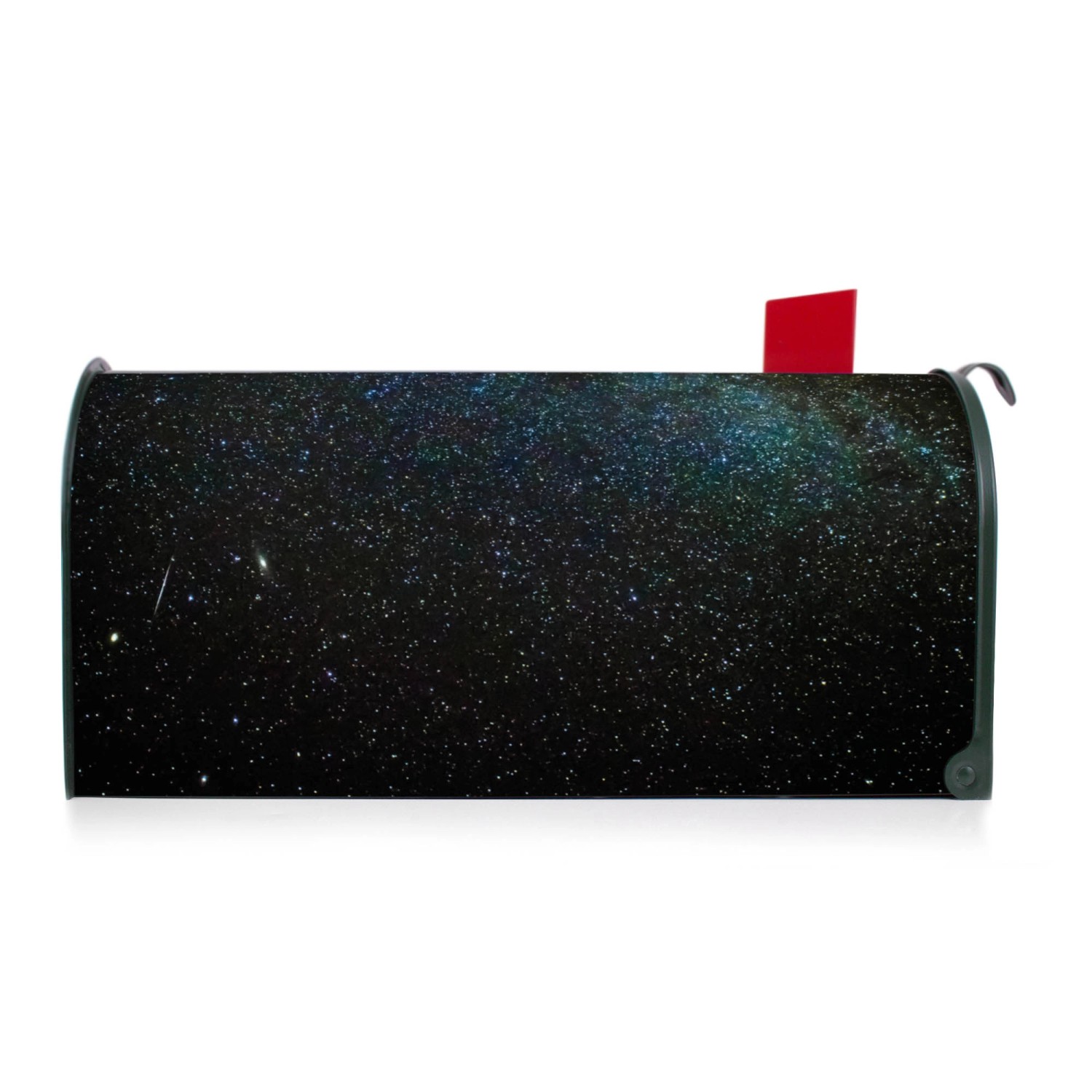 Grüner Banjado US Briefkasten mit Nachthimmel Motiv und roter Fahne.