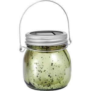 Grüne LED Solar-Dekoleuchte aus Glas mit Bügel, Ø 8 cm x 9 cm. Solarleuchte für Garten und Balkon.