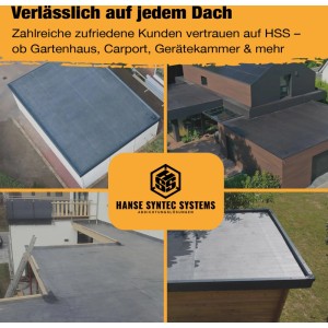 Anwendungsbeispiele: Dachprotect EPDM Dachbahn auf Gartenhaus, Carport und Wohnhaus.