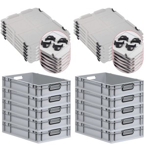 PROREGAL SparSet: 10 graue Euroboxen (23L) mit schwarzen Griffen und Auflagedeckel, gestapelt.