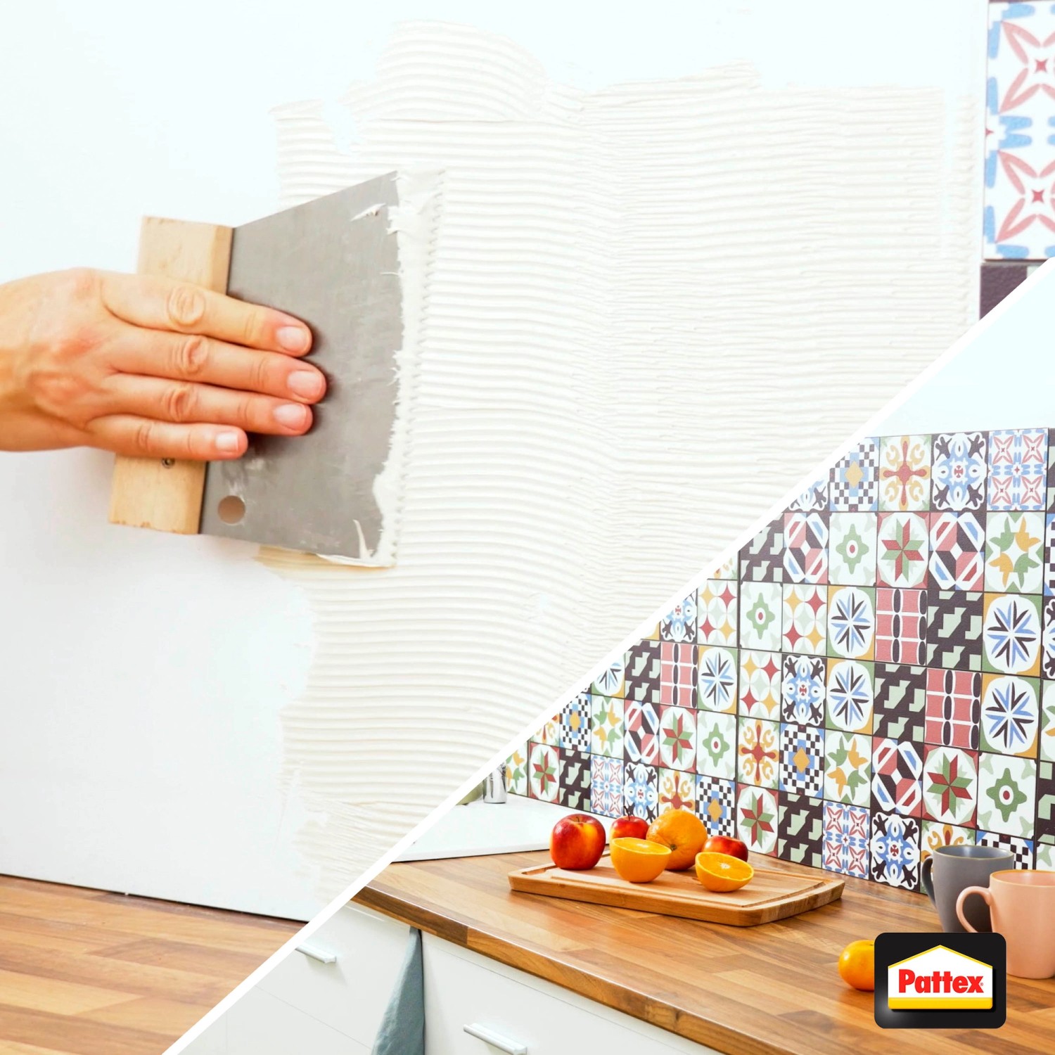 Auftragen von Pattex Teppich- und PVC-Kleber mit Spachtel. Kleber im 6,5 kg Eimer.