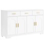 Weißes Merax Sideboard mit 4 Türen, Bogenrelief, 3 Schubladen und goldenen Griffen. Moderner Wohnzimmerschrank aus MDF.