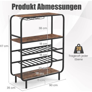 Abmessungen des COSTWAY Weinregals mit 5 Etagen, Flaschenregal für 16 Flaschen und Glashaltern.