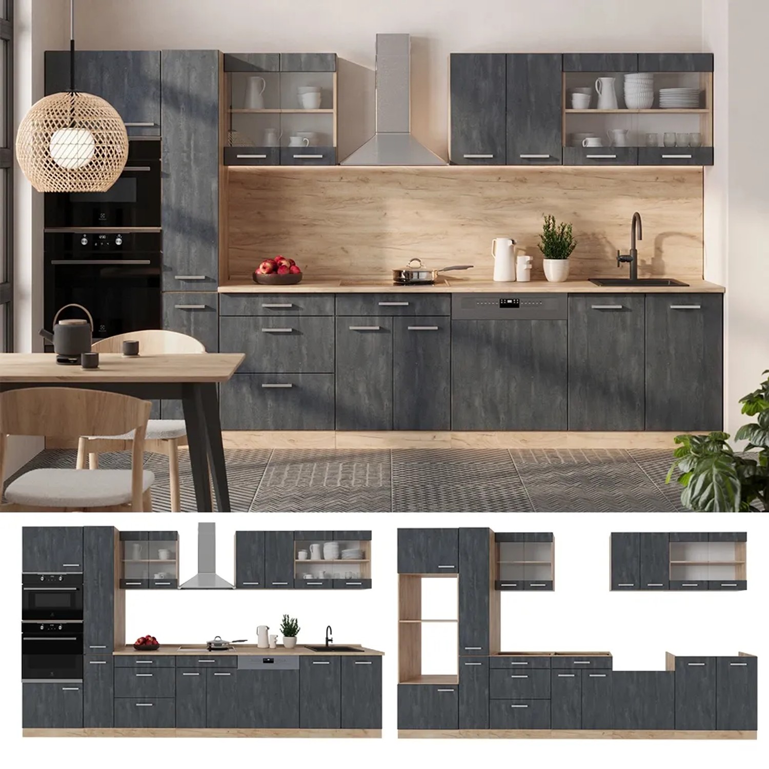 Komplette Küchenzeile in Schwarz Beton/Goldkraft Eiche mit Marmor Arbeitsplatte, 350 cm breit.