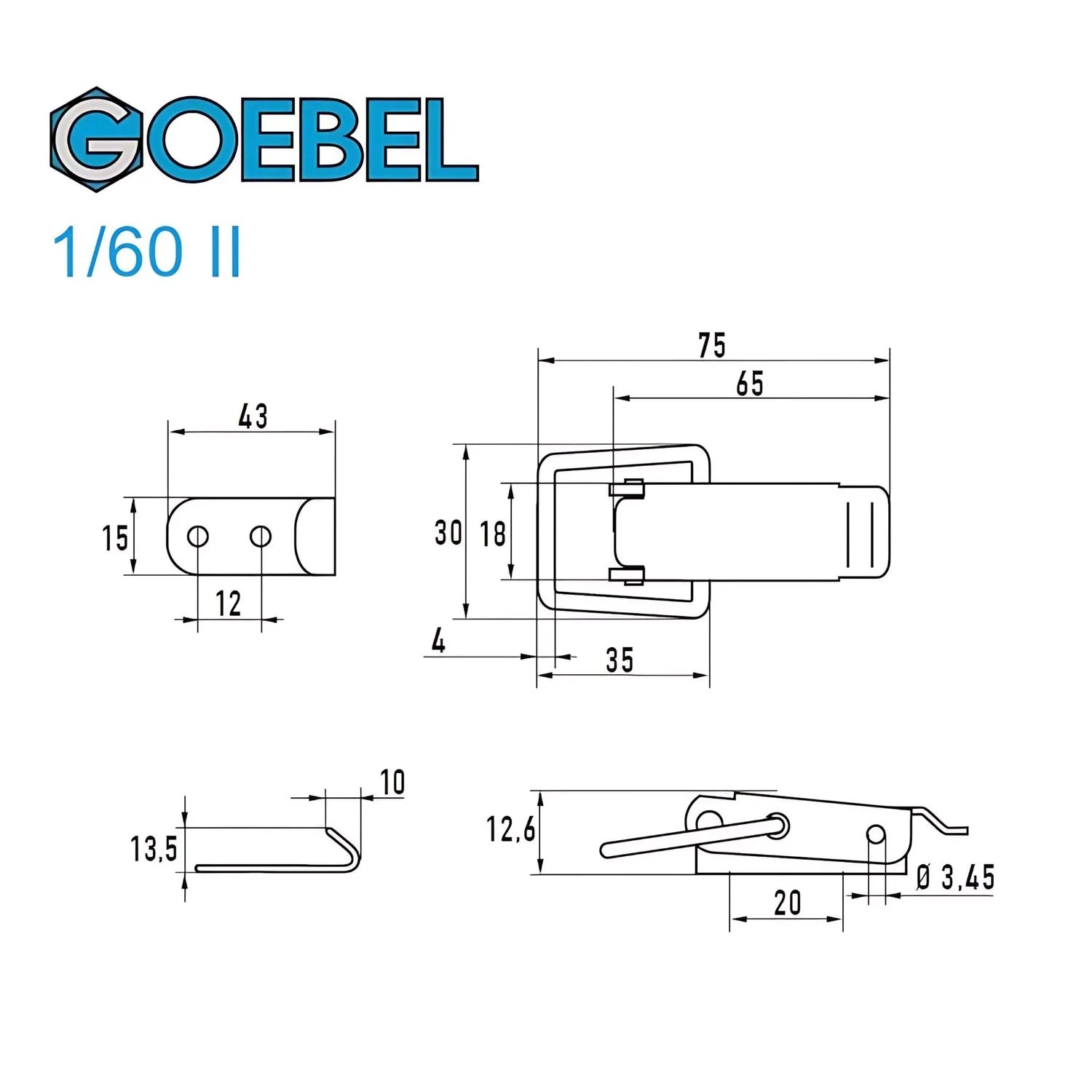 Technische Zeichnung: Goebel Spannverschluss 1/60 II aus Aluminium mit Gegenhaken und Maßangaben.