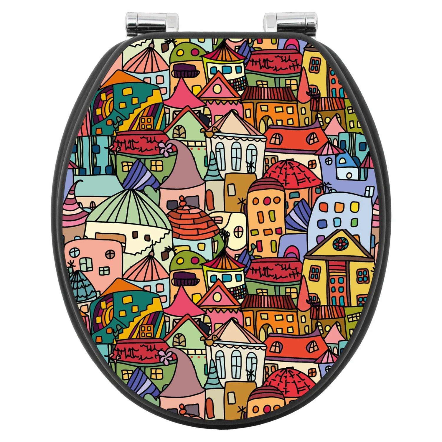 Anthrazit WC-Sitz mit Absenkautomatik und Funky Town Motiv. Klodeckel aus MDF.