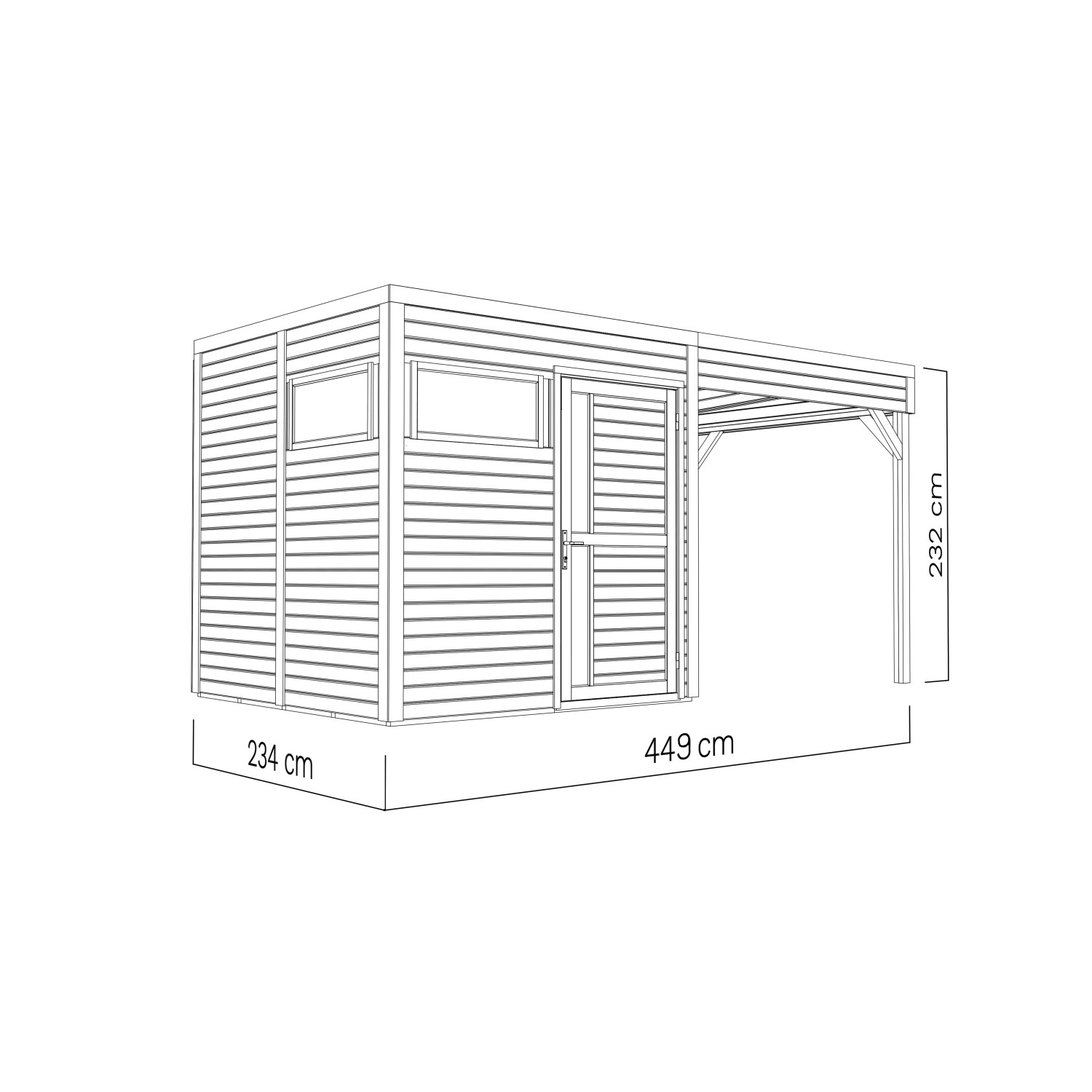 Illustration des hellgrauen Bertilo Holz-Gartenhauses Cubus 2 Lounge (449x234cm) mit Maßen.