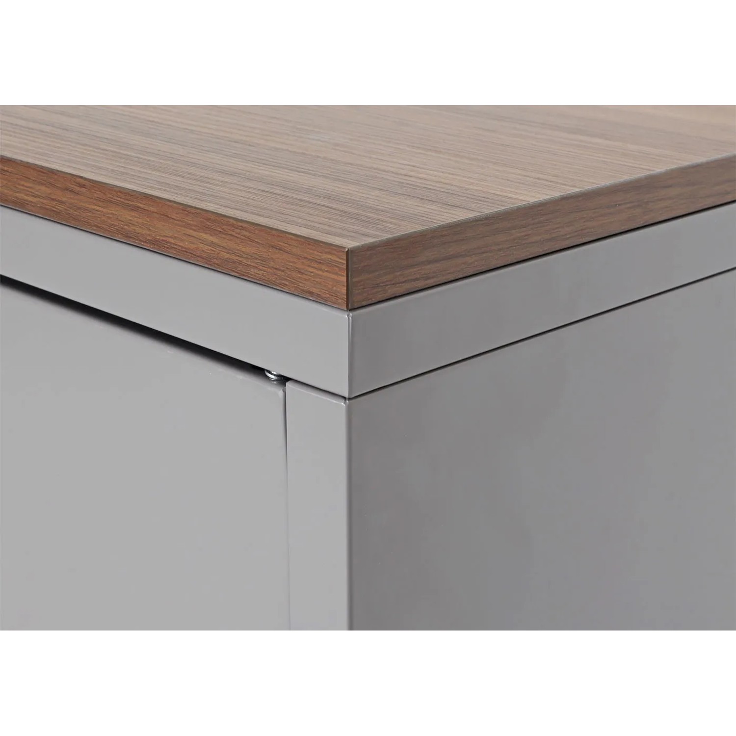 Detailansicht: Graue MCW Kommode L84-3 mit Holzplatte, Schubladenkommode.