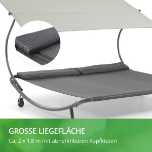 Lichtgraue Doppelliege Stella mit Sonnendach und Kopfkissen. Ideal für Garten und Terrasse.