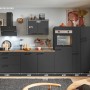 Moderne pino Küchenzeile, 370 cm, in Grafit mit Geräten, Spüle und Apothekerschrank (Anschlag rechts).