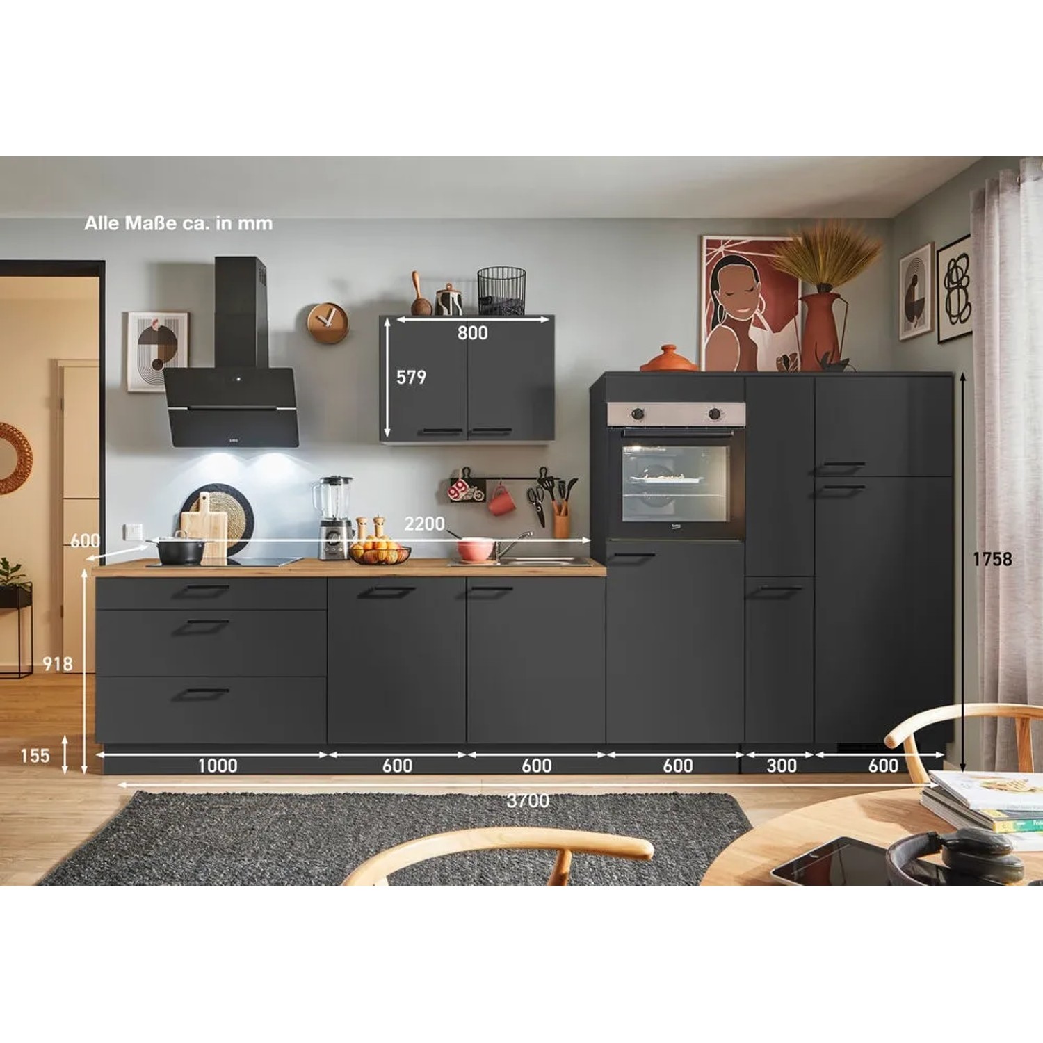 Moderne pino Küchenzeile, 370 cm, in Grafit mit Geräten, Spüle und Apothekerschrank (Anschlag rechts).