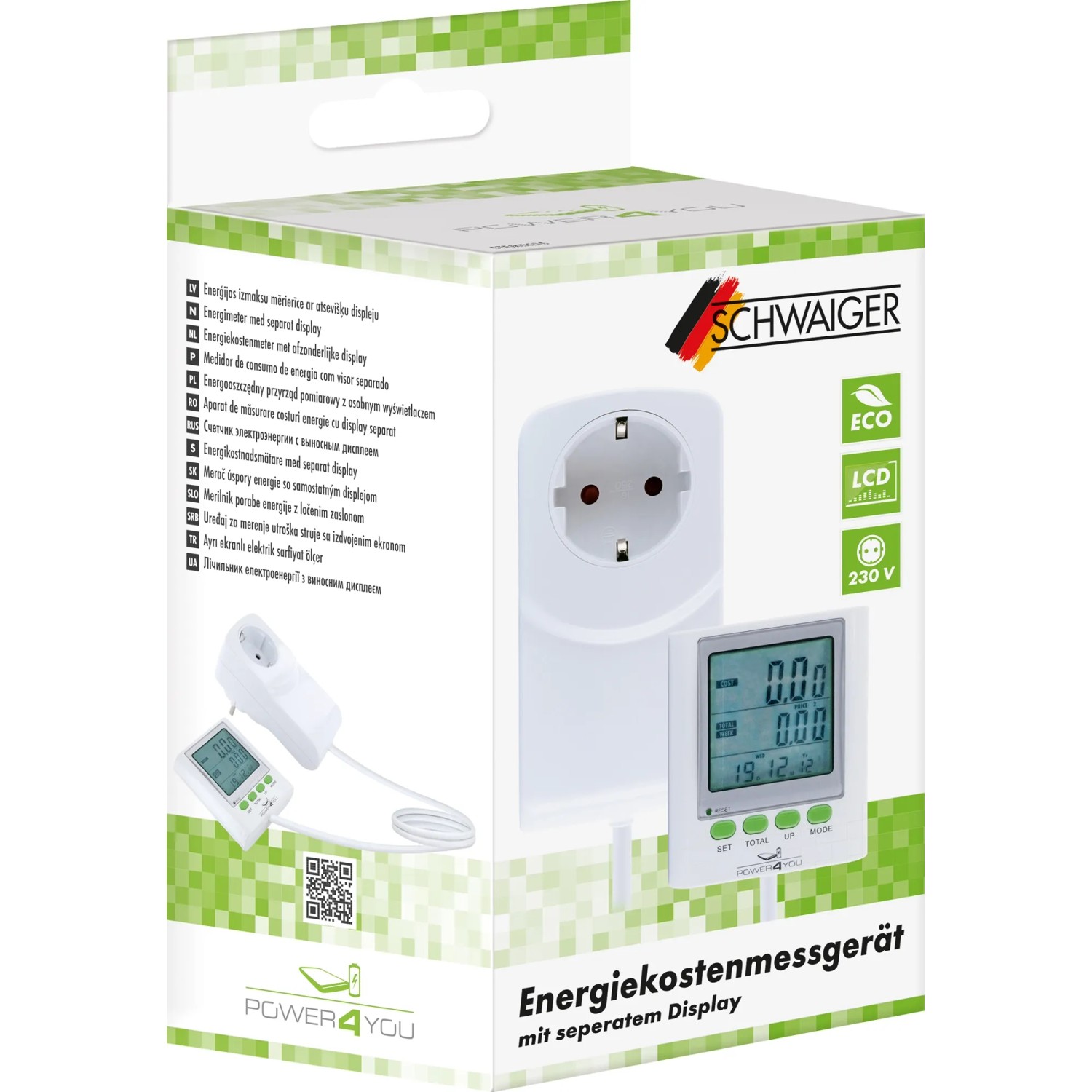 Schwaiger Energiekostenmessgerät mit Display zur Verbrauchsmessung, in Verpackung.