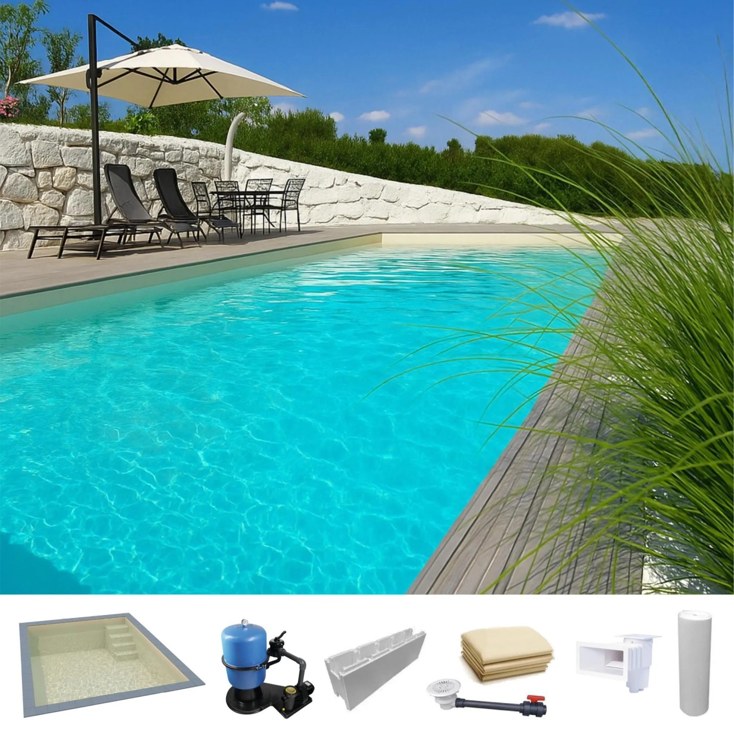 KWAD Styropor Pool Easy mit Gerader Treppe Rechts 7 x 3,5 x 1,5 m Sand