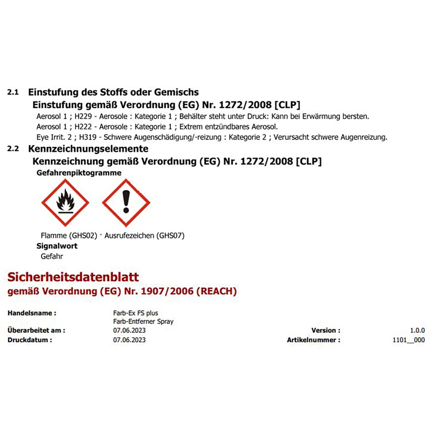Sicherheitsdatenblatt für Farb-Ex FS plus Farb-Entferner Spray mit Gefahrenpiktogrammen.