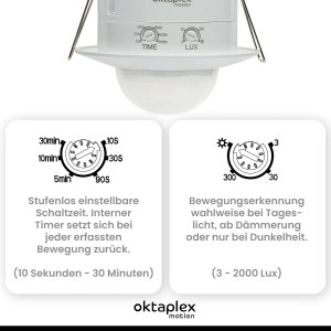 Oktaplex Sam 360° Infrarot Präsenzmelder, Unterputz Bewegungsmelder in Weiß für Deckenleuchten.