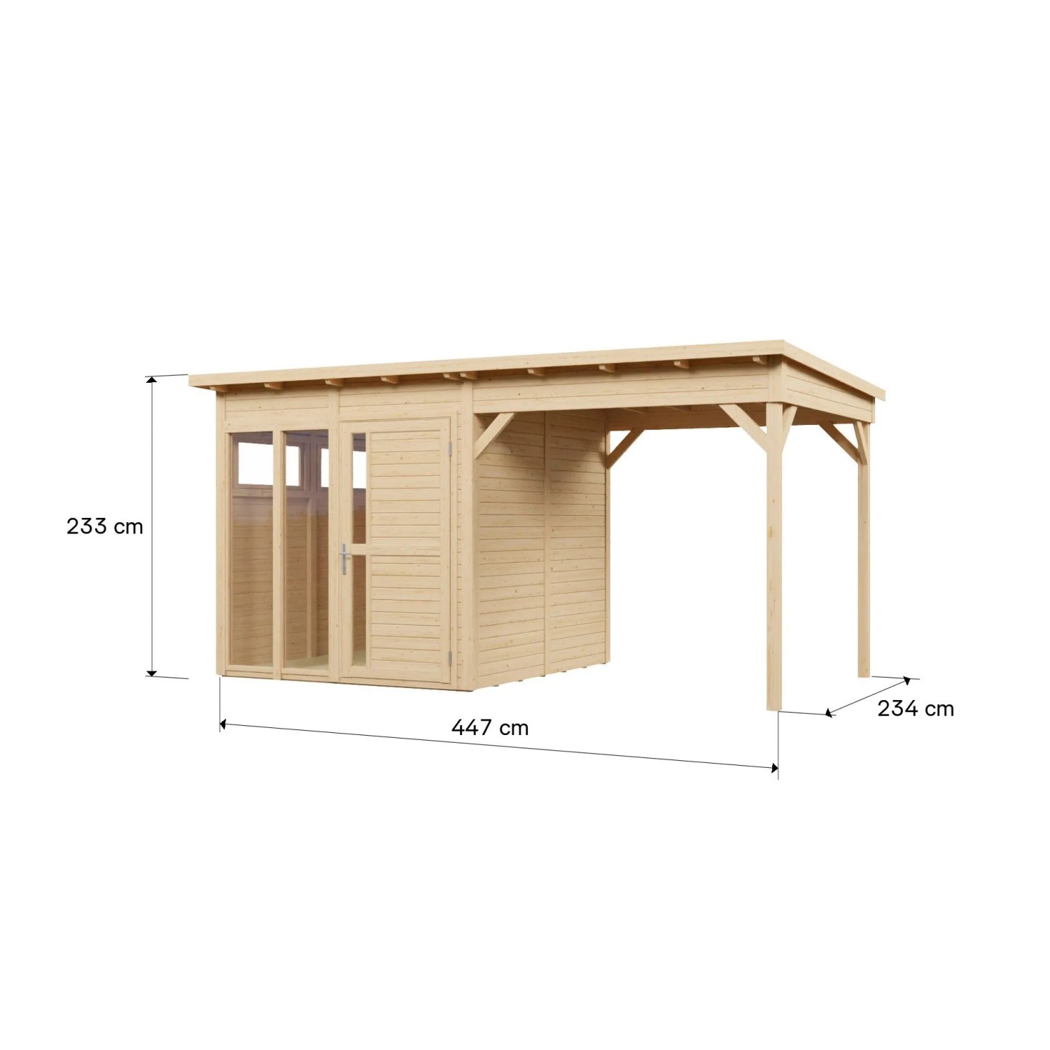 Bertilo Elementgartenhaus Pentus 2 Office Lounge aus Holz, naturbelassen, mit Maßen.