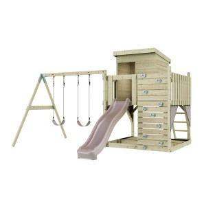 PolarPlay Spielturm Björn mit Schaukel und Rutsche, aus Holz, altrosa.