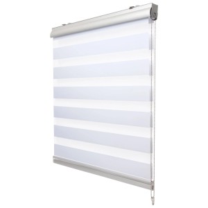 Weißes Sol Royal Doppelrollo DK9 mit Alu-Kassette und Seitenzugkette. Streifenmuster für Sicht- und Blendschutz.