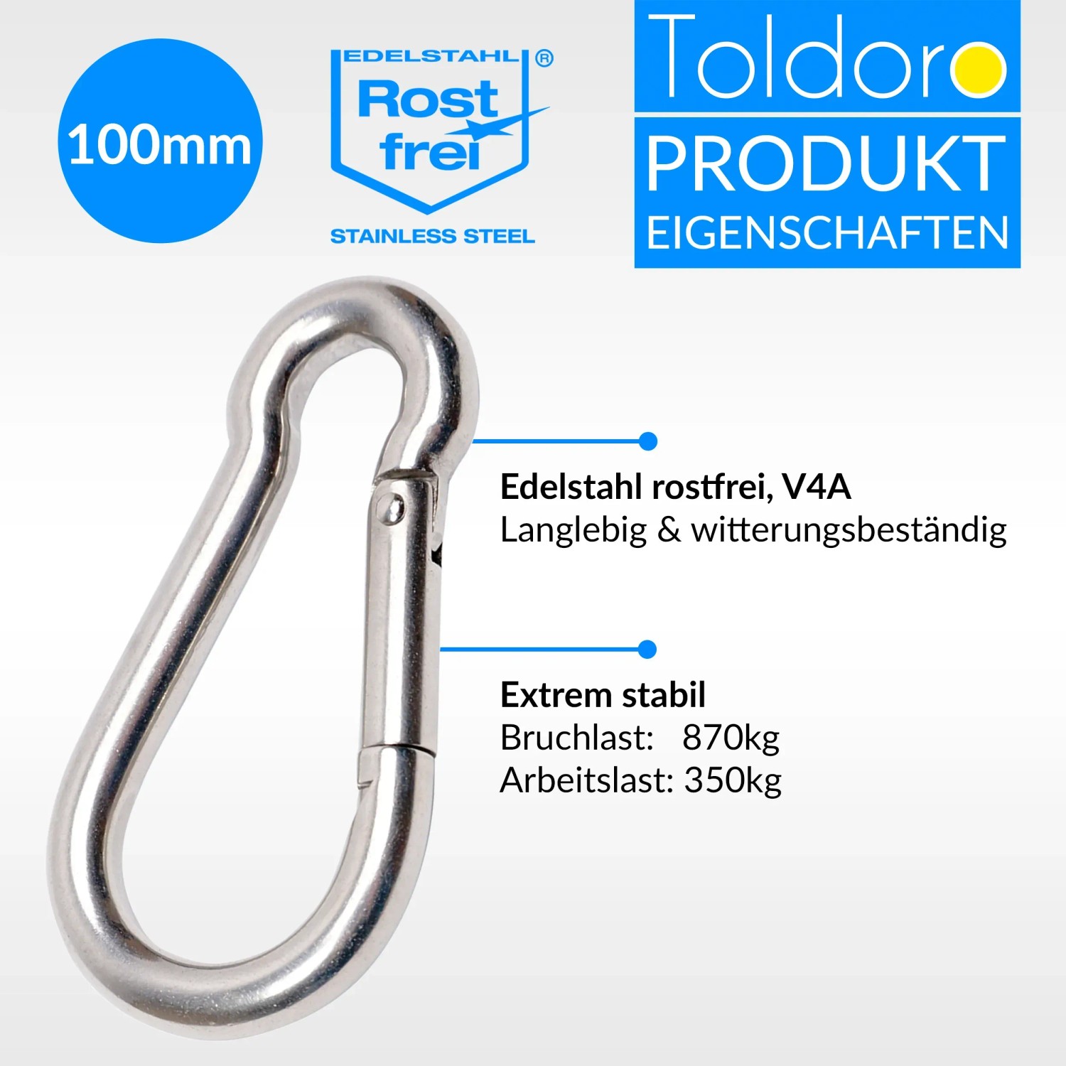 Toldoro Karabinerhaken, 100mm, aus rostfreiem Edelstahl V4A, ideal für Sonnensegel und mehr.