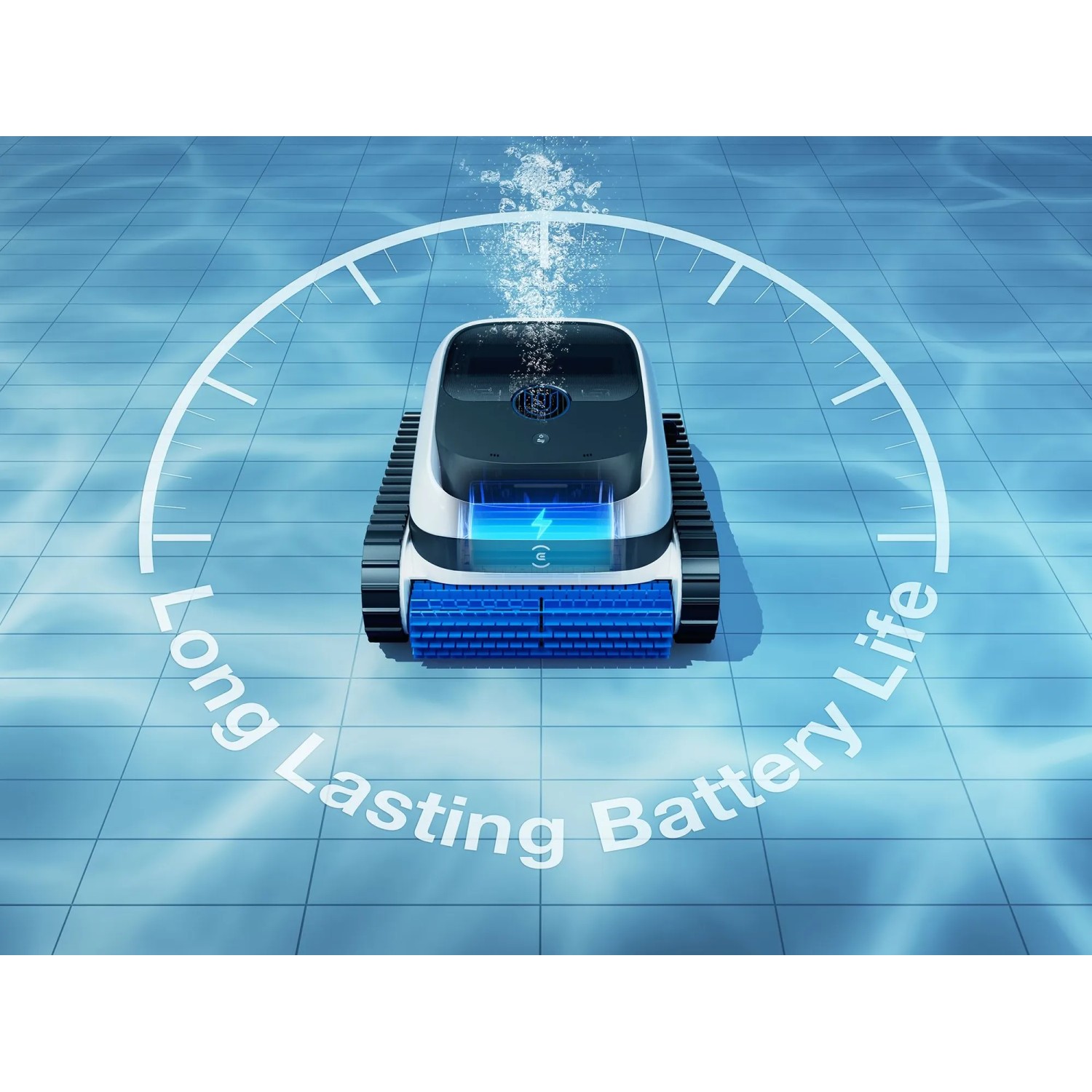 Ecovacs Poolroboter Ultramarine P1, weiß-blau, im Pool. Automatische Poolreinigung.