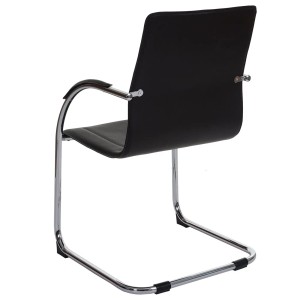 Moderner Freischwinger Esszimmerstuhl Sammy mit schwarzem Sitz, Armlehnen und verchromtem Stahlgestell.