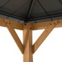Detailansicht: Zedernholz Pavillon Trivor mit anthrazitfarbenem Stahldach und Holzstreben.