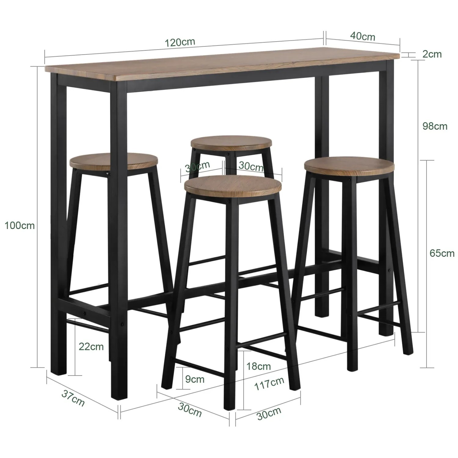 SoBuy Bartisch Set OGT22-SCH mit 2 Barhockern, Holz/Metall, natur/schwarz, Maße siehe Bild.