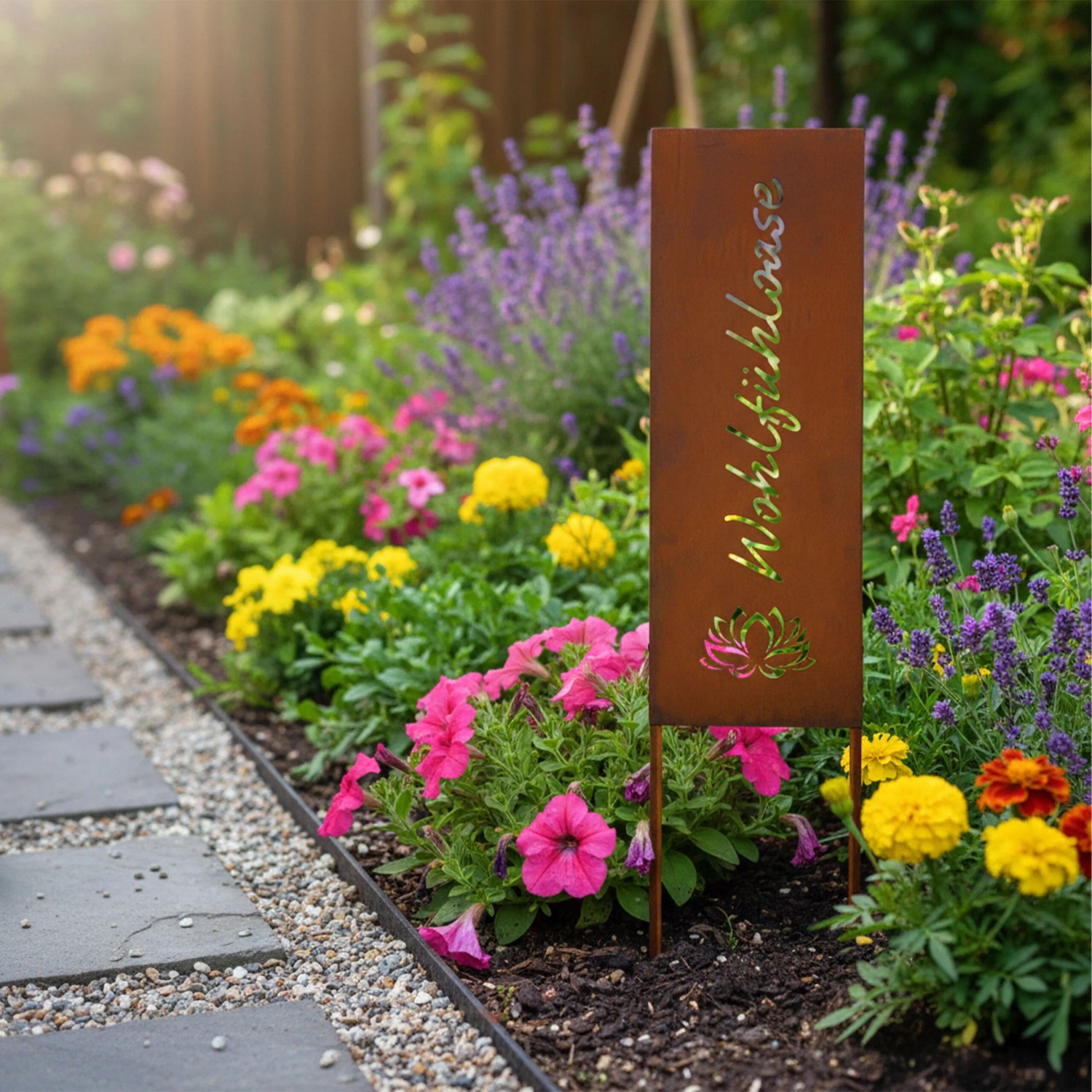 Rostbrauner Gartenstecker aus Eisen mit "Wohlfühloase" Schriftzug und Lotusblume im bunten Blumenbeet.