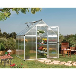 CANOPIA Gewächshaus 3,4 m² mit geöffneter Tür und Pflanzen auf Regalen im Garten.