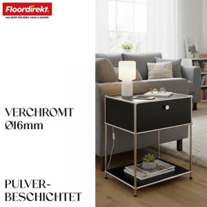 Schwarzes Floordirekt Metallregal Concept Epure MK-139 als Beistelltisch mit Schublade und Ablage.