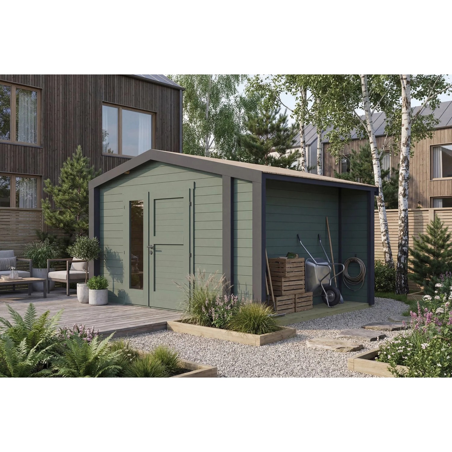 Weka Holz-Gartenhaus Killarney Satteldach Grau-Grün Lasiert 361 cm x 313 cm