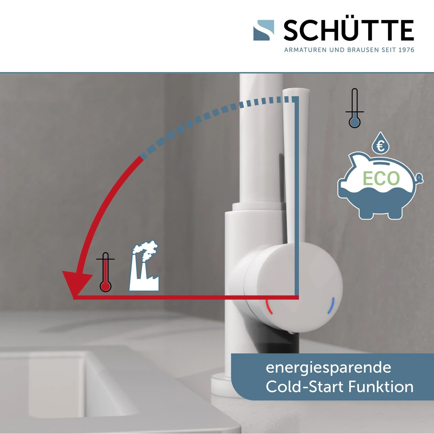 Schütte Spültischarmatur Cornwall in Weiß Matt mit Cold-Start Funktion und Energiesparhinweisen.