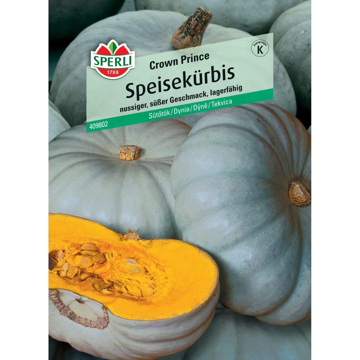 Sperli Speisekürbis Crown Prince F1-Hybride, blaugraue Früchte und orangefarbenes Fruchtfleisch.