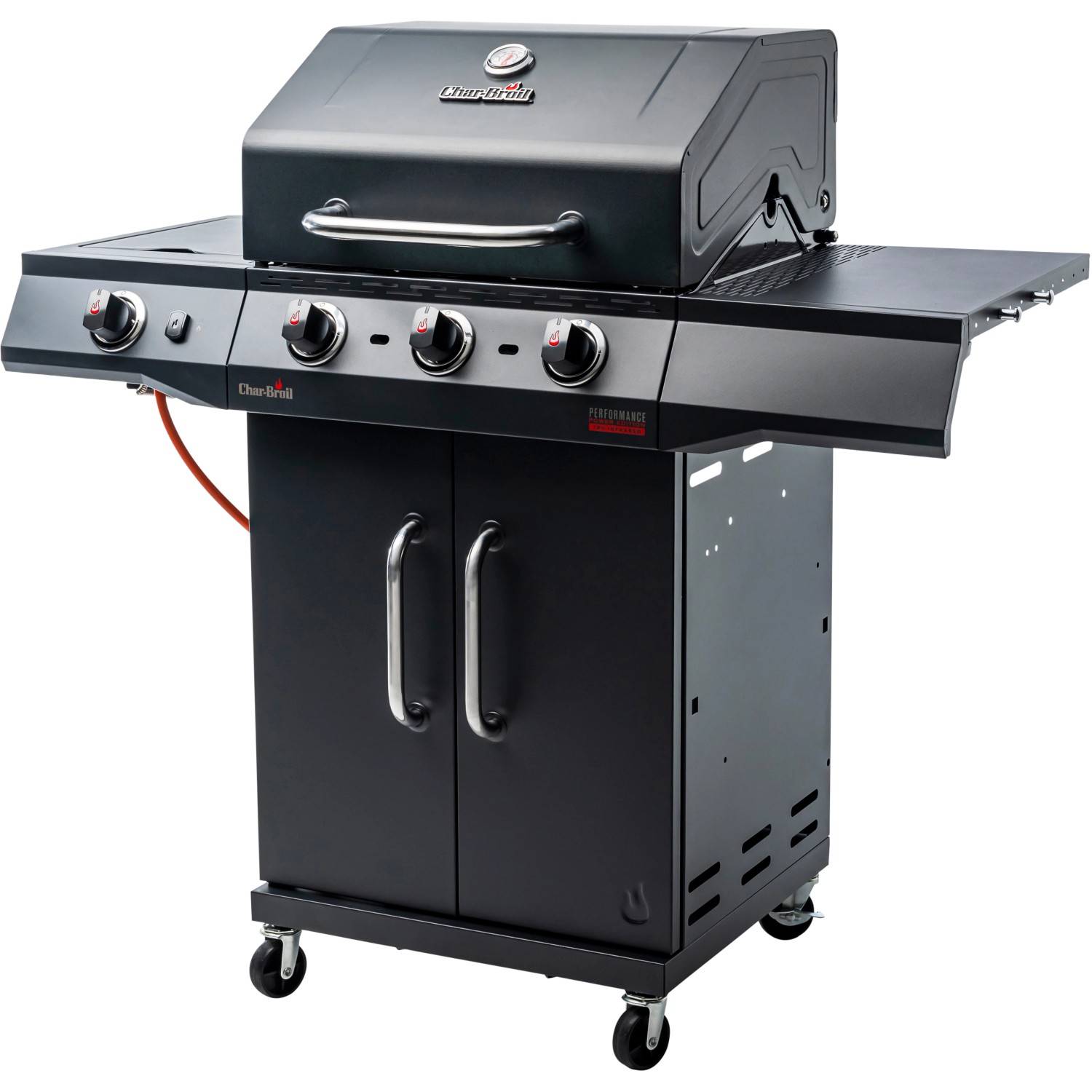 Schwarzer Char-Broil Gasgrill Performance Power Edition 3 mit 3 Brennern und Unterschrank.