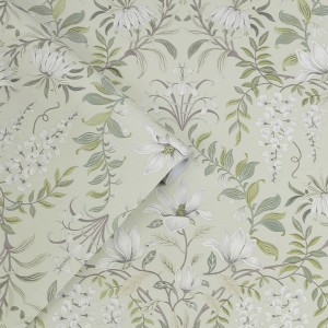 Laura Ashley Vliestapete Parterre Sage mit floralem Muster in Salbeigrün und Weiß.