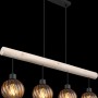 Moderne 4-flammige Pendelleuchte Paulo mit Holz und amberfarbenen Glasschirmen.