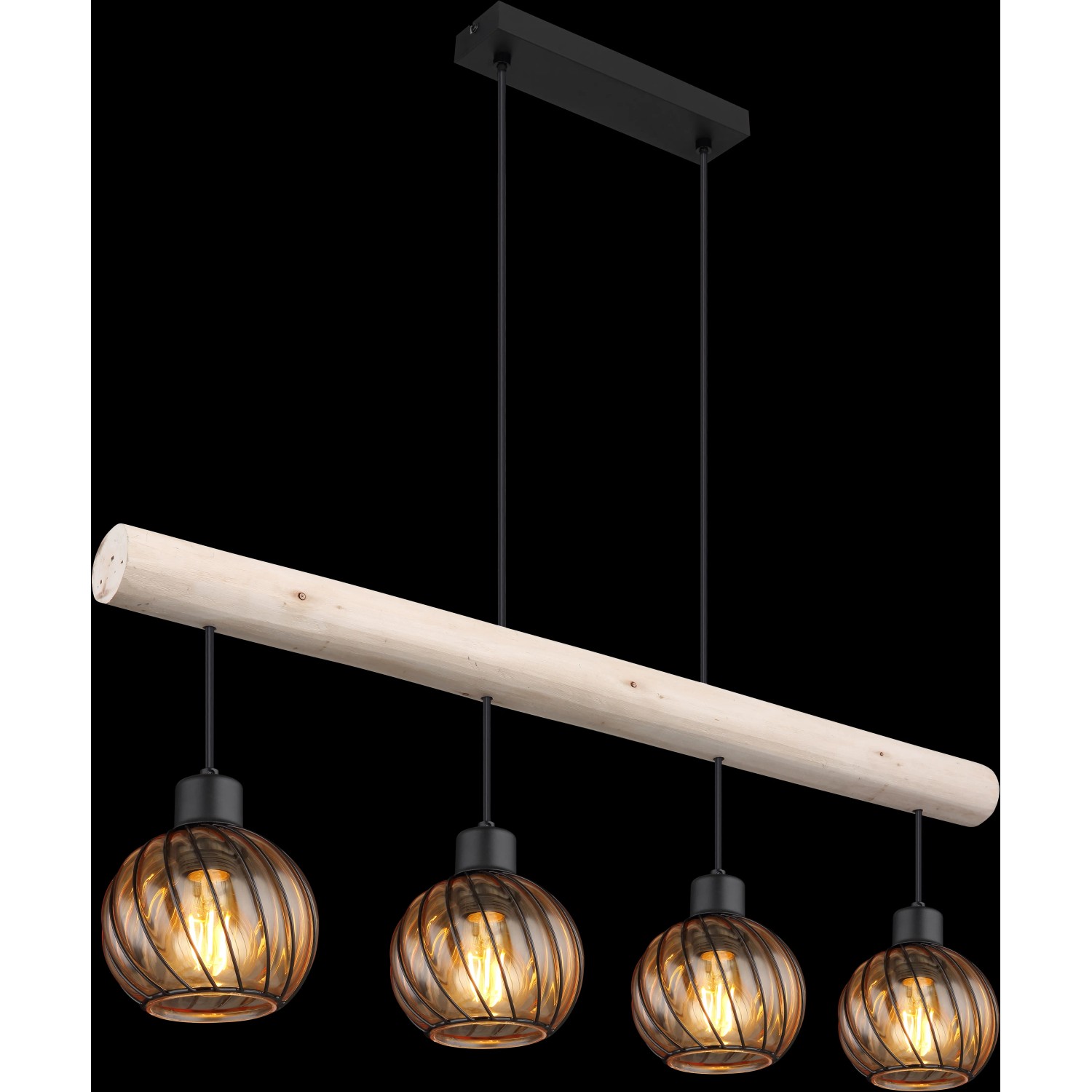 Moderne 4-flammige Pendelleuchte Paulo mit Holz und amberfarbenen Glasschirmen.