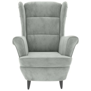 Hellgrauer Ohrensessel mit Hocker, Samtbezug, Relaxsessel für Wohnzimmer.