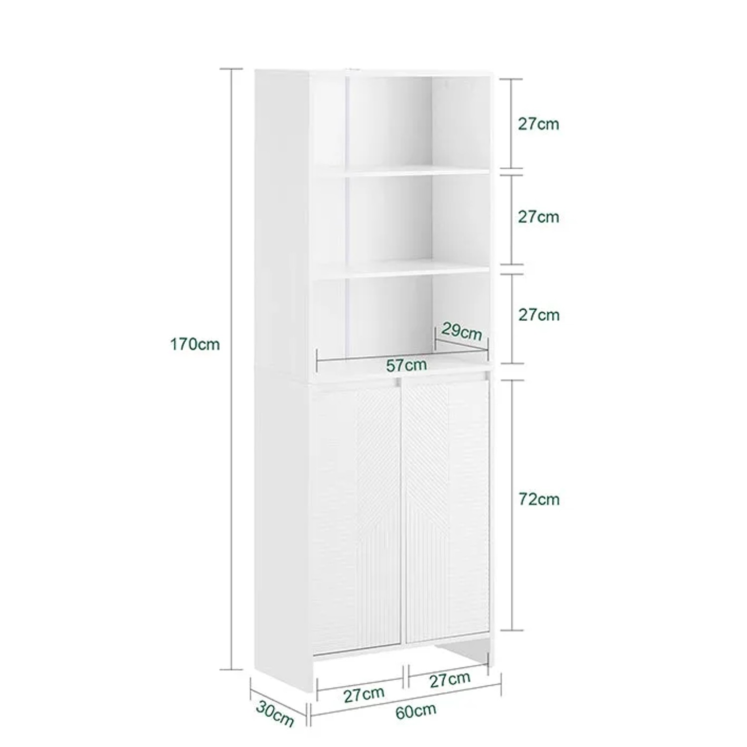 Weißer SoBuy Hochschrank BZR155-W mit Wäschesack und offenen Fächern, Maße eingezeichnet.