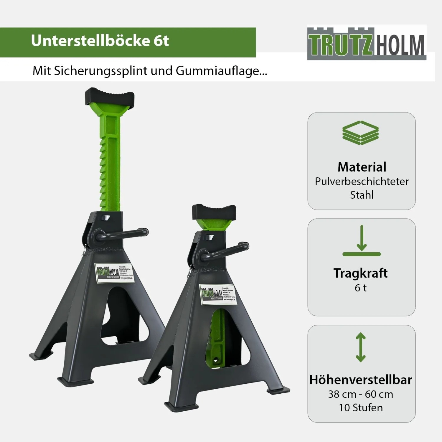TRUTZHOLM Unterstellböcke, 2 Stück, je 6 t Traglast, höhenverstellbar von 380 bis 600 mm.