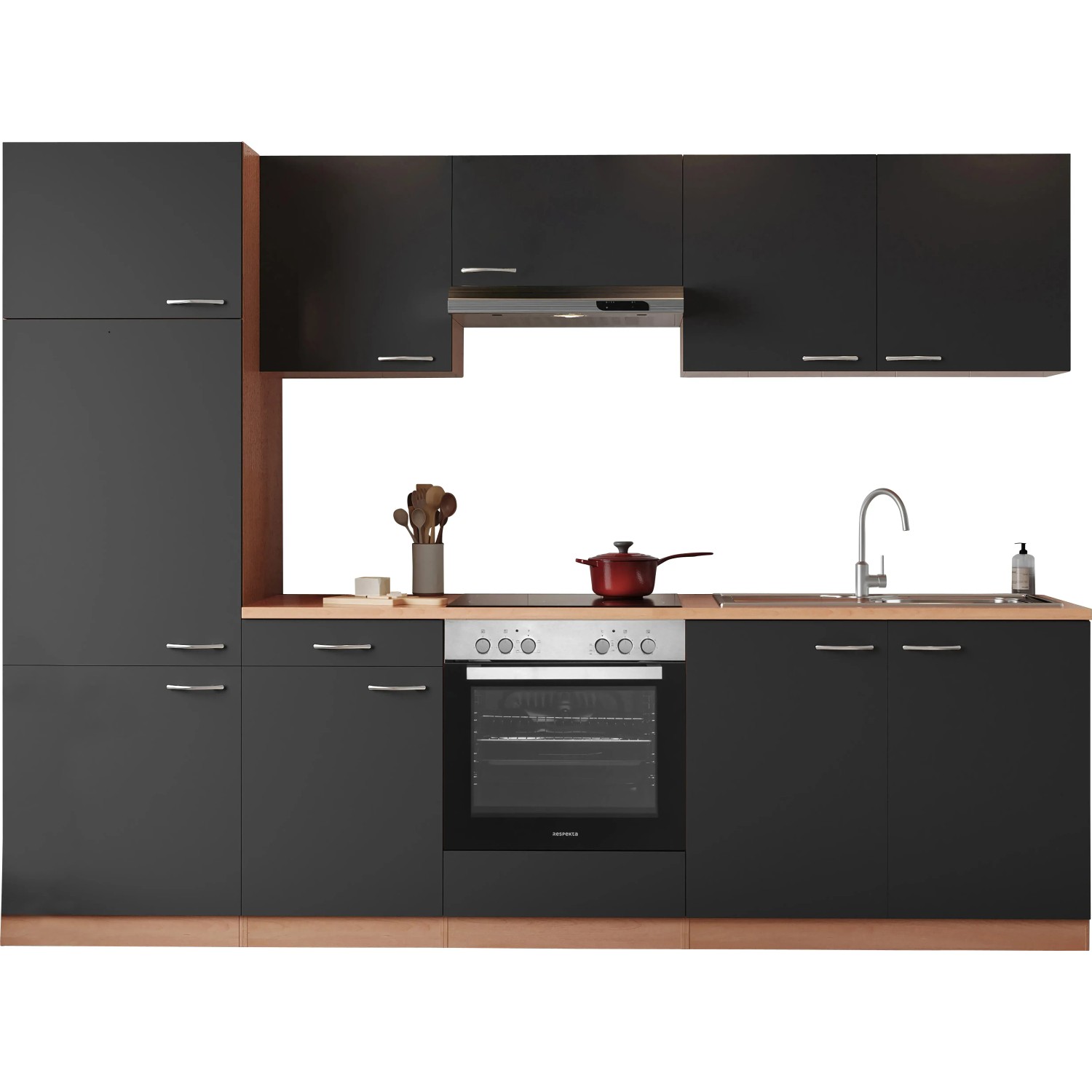 Respekta Küchenzeile KB270BGEC in Grau und Buche Nachbildung mit E-Geräten und Spüle.