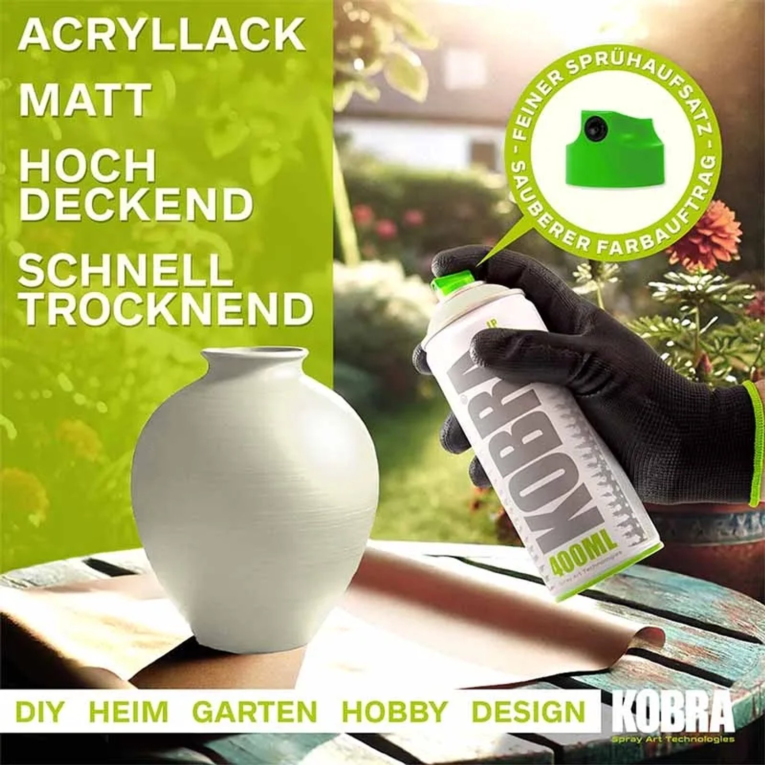 Kobra LP Buntlack Spray Graugrün Hell Matt 400ml Dose mit Farbauftrag auf Vase.