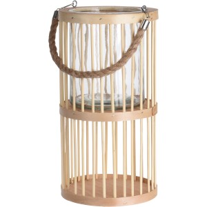 Naturfarbene Bambus Laterne (Ø 16 cm x 30 cm) mit Glaszylinder und Seilgriff für gemütliche Atmosphäre.