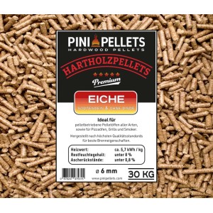PINI Hartholz Pellets 6 mm, 30 kg, aus Eiche. Ideal zum Heizen, Grillen, Räuchern. Hoher Brennwert, wenig Asche.