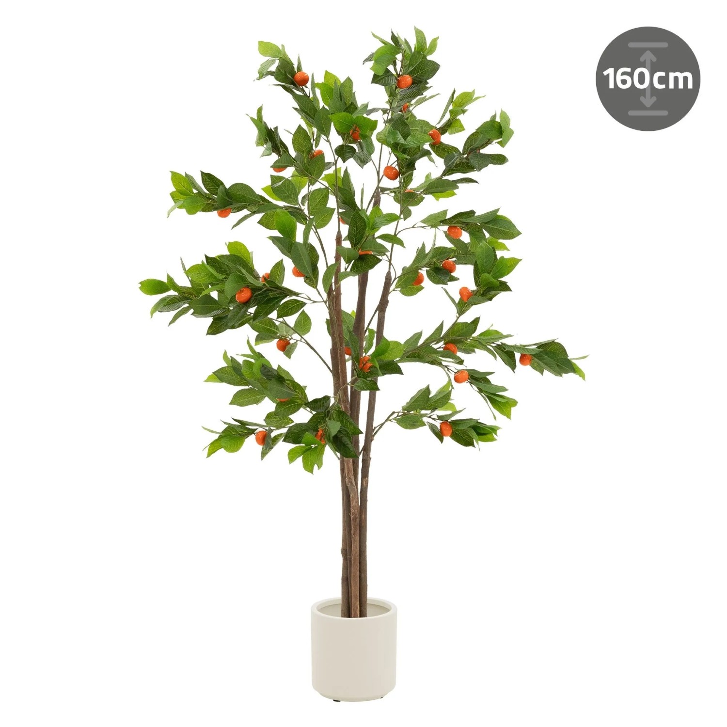ML-Design Kunstpflanze Orangenbaum, 160 cm hoch, mit grünen Blättern und orangen Früchten im weißen Topf.
