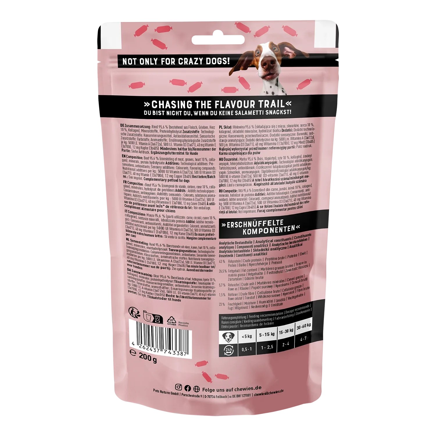 Chewies Salametti Hunde-Snacks mit Rind & Herz, 200g Packung. Getreidefreie Belohnung für Hunde.