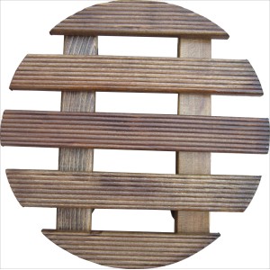 Runder, dunkelbrauner Pflanzenroller Ø 30 cm aus Holz für den Innenbereich.